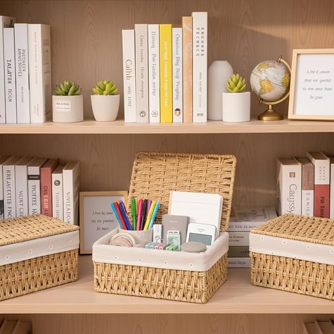 Wicker Shelf Basket with Lid Paper Storage Baskets for Shelves Small Storage Bin with Removable Liner Nesting Decorative Woven Basket for Makeup Closet Organizer (Small, Khaki)
