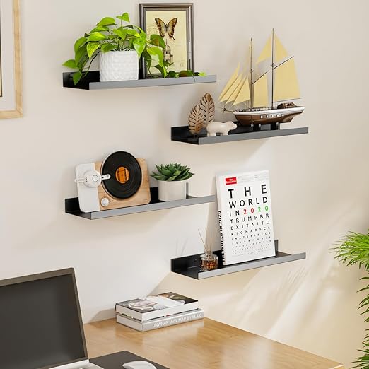 BYCY Metal Floating Shelves Set of 4,15.6 inch Floating Bookshelves for Wall Mounted,Wide Magnetic Book Display Wall Shelves for Classrooms Kitchen Bedroom Room Decor (Black, 15.7inch,4pcs)