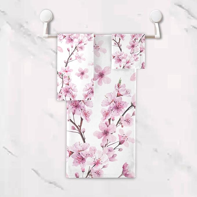 Cherry Blossoms Flowes Towels Set of 3 Watercolor Pink Floral Sakura Branch Bathroom Towel Soft Absorbent Bath Hand Towels Washcloth Guest Towel Sets Bathroom Decorations