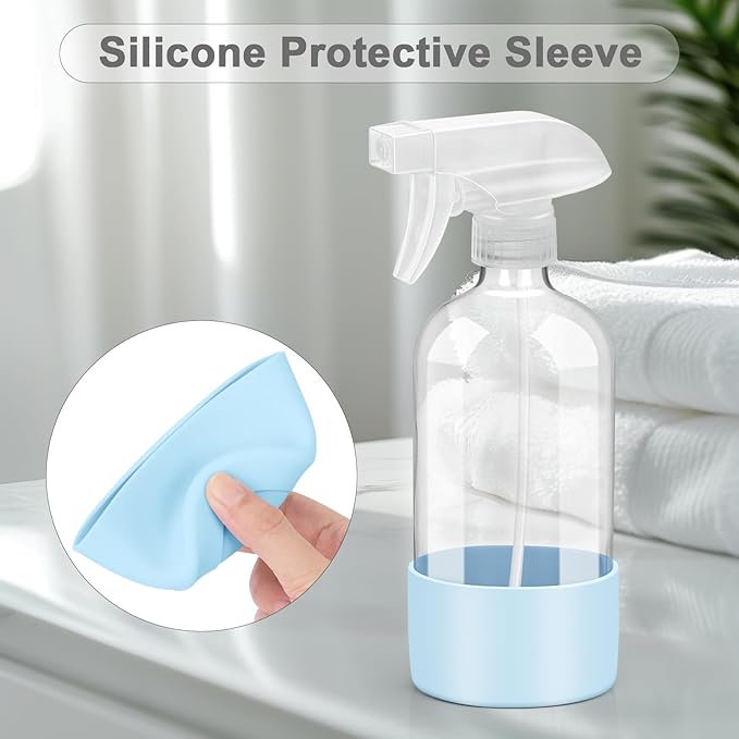 2 Pack Glass Spray Bottles with Silicone Sleeve, 16 oz Empty Refillable Containers with Adjustable Spray Nozzles, Spray Bottles for Hair, Cleaning Solutions and Plants Blue