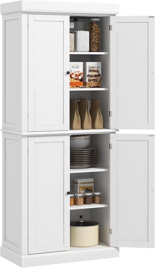 HOMCOM 72.5" Freestanding Kitchen Pantry Cabinet, Tall Storage Cabinet with 4 Doors and 2 Adjustable Shelves for Dining Room, White