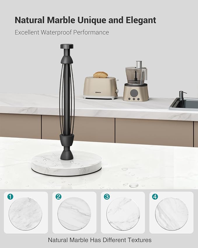 Marble Paper Towel Holder Countertop, Stainless Steel, One-Handed Tear, Freestanding Paper Towel Stand Rack with Ratchet Mechanism for Kitchen Toilet Bathroom Essentials Decor Accessories, Black