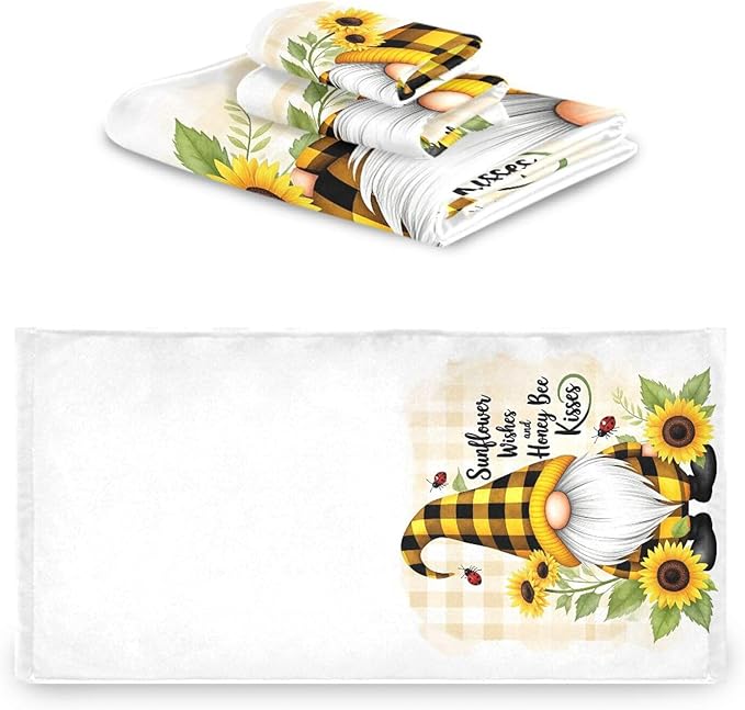 Gnome Sunflower Flowers Towels Set of 3 Bee Plaid Spring Bathroom Towel Soft Absorbent Bath Hand Towels Washcloth Guest Towel Sets Bathroom Decorations