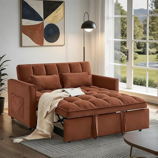 3 in 1 Convertible Sofa Bed, Velvet Fabric Loveseat Sleeper Couch, Modern Pull Out Couch with Side Pockets, Sleeper Sofa Bed with Adjustable Backrest for Living Room, Camel