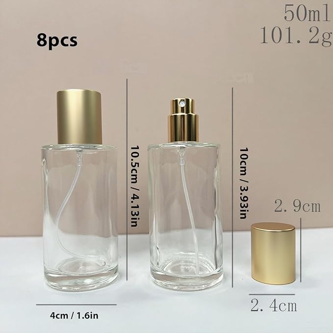 Glass Perfume Bottle Empty Refillable 8Pack Clear Travel Perfume Spray Atomizer Bottle 50ml Perfume Fine Mist Spray Perfume Bottle Atomizer Container with Sprayer Applicator (Cylinder Clear 50ml 8PCS)