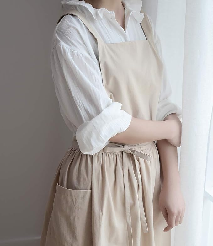 VLZUFE Women Cotton Linen Cross Back Apron with Pockets for Gardening Works Pinafore Dress