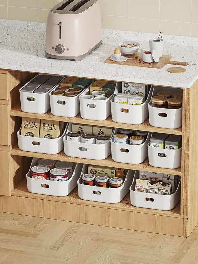 White Plastic Bins/Storage Organizers - Pantry Baskets, Bins for Shelves, Organizer and Storage for Bathroom, Bedrooms, Kitchens and More - Medium Size (3 Pack)
