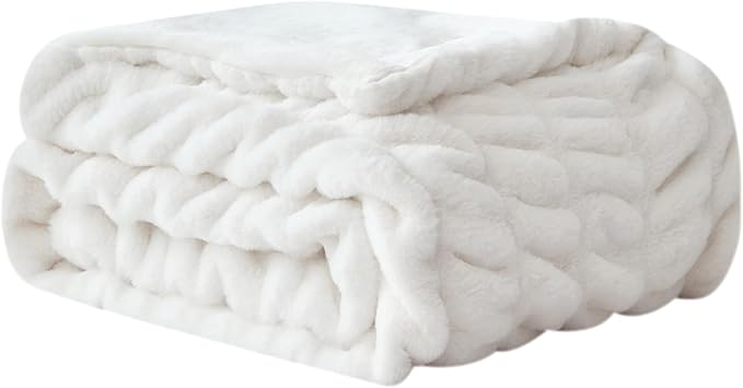 WDCOZY Ruched Faux Fur Throw Blanket Soft Cozy Fluffy Luxurious Blankets Couch Bed Sofa Chair Home Decor Warm Furry Fall Winter Plush Rabbit Fur Bubble Blanket 50" x 60", Ivory Cream White