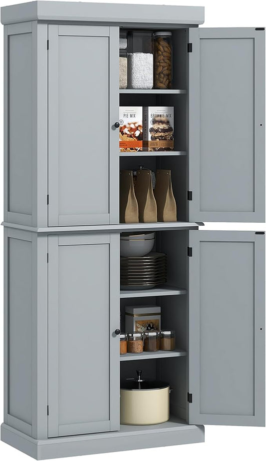 HOMCOM 72.5" Freestanding Kitchen Pantry Cabinet, Tall Storage Cabinet with 4 Doors and 2 Adjustable Shelves for Dining Room, Gray