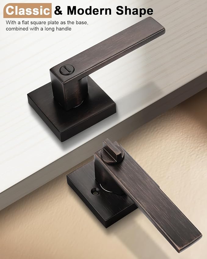 Probrico Bed and Bath Door Locks Interior Heavy Duty Privacy Levers in Oil Rubbed Bronze Modern Square Door Handles Keyless Lockset for Right/Left Handed Doors, 5 Pack