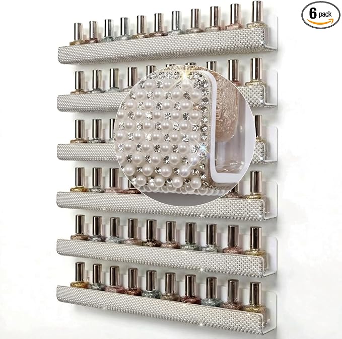 YMVV Nail Polish Wall Shelf - 15-Inch Pearls Diamond Crystal Display & Organizer Rack, Holds 60+ Polishes, Soft Ledge for Bedroom, Bathroom, Salon,6 Pack