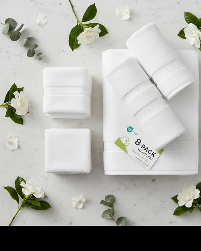 HOME ESSENTIALS White 8 Piece Bath Towel Set, 100% Cotton Soft & Super Absorbent Towels for Bathroom – 2 Large Bath Towels, 2 Hand Towels, 4 Washcloths, Quick Dry for Home, Gym & Spa