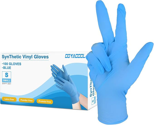 Disposable Latex Free Gloves, Nitrile and Vinyl Blend Material Disposable Gloves, Powder Free, 4 Mil Thick - Food Grade Glove,100 Pc. Cleaning Glove Small, Blue