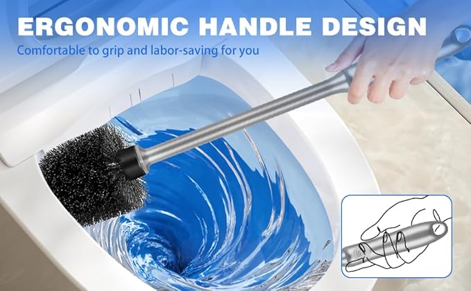 Toilet Brush and Holder 4 Pack with Long Handle - Non-Slip Grip Toilet Bowl Brush Set for Deep Cleaning Bathroom, Toilet Scrubber- Gray
