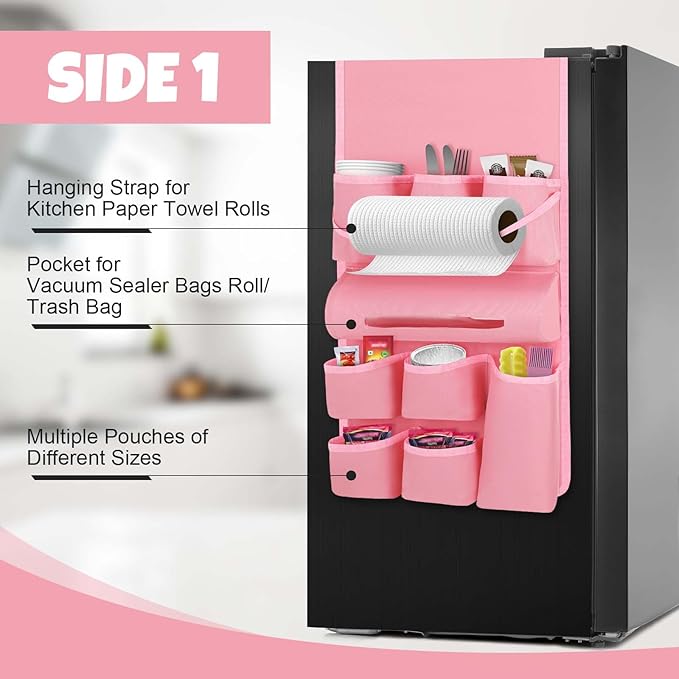 Weysat Mini Fridge Organizer Dorm Essentials Dust Cover with 14 Pockets for Most Household Refrigerators Hanging Mini Fridge Caddy Organizer Storage Bag for Dorm Office Kitchen Home School