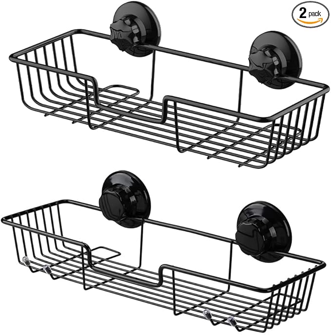 SANNO Suction Cup Shower Caddy Bathroom Caddies Storage Combo Organizer, No Damage Suction Cup,Rustproof Wire Basket for Kitchen Bathroom, Black,pack of 2