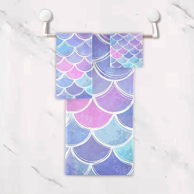 Magic Pink Blue Mermaid Scales Towels Set of 3 Rainbow Marble Galaxy Bathroom Towel Soft Absorbent Bath Hand Towels Washcloth Guest Towel Sets Bathroom Decorations
