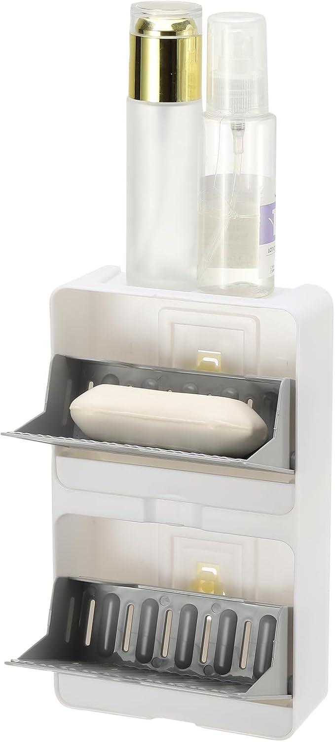 uxcell Soap Holder, 5.12 x 8.66 x 2 Inches Double Grid Wall Mounted No Drill Soap Dish for Shower, Bathroom & Kitchen - Self Draining Design Keeps Soap Dry(Gray)