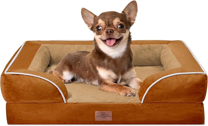 Comfort Expression Orthopedic Dog Bed for Small Dogs 24x16 Inch, Waterproof Supportive Egg Crate Foam Small Pet Bed with Removable Bolsters, Dog Couch with Washable Cover & Non-Slip Bottom, Orange