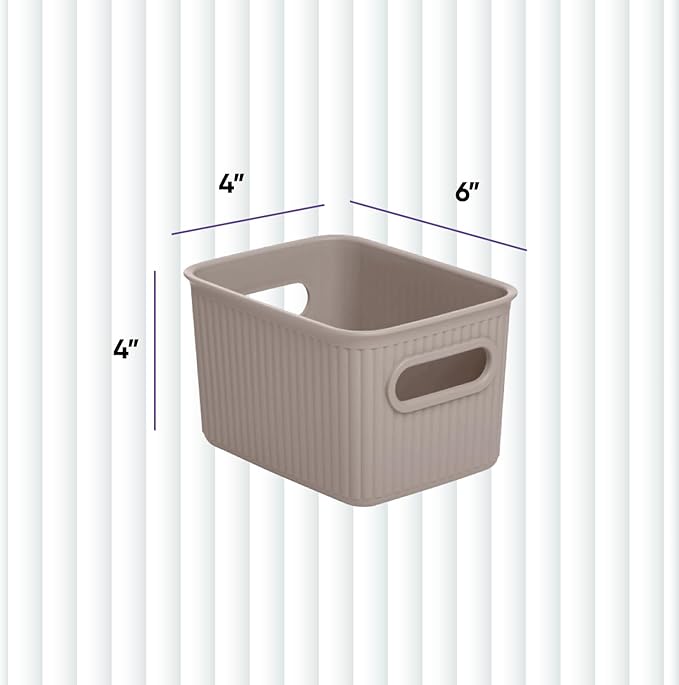 Decorative Plastic Basket Open Home Storage Bins Organizer Baskets, Small Taupe (4 Pack) Container Boxes for Organizing Closet Storage Bins for Shelves Drawer Shelf - Ribbed Collection 1.5 Liter