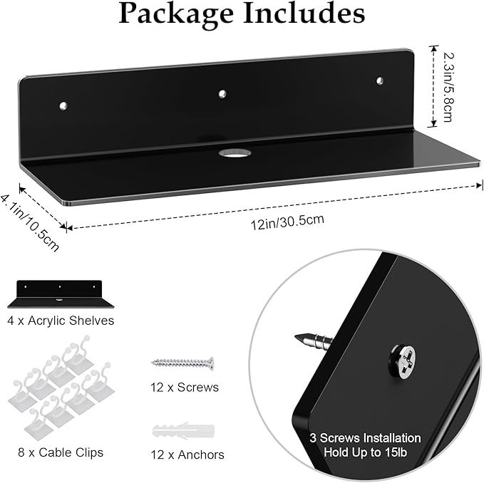 12" Black Acrylic Floating Shelves, 4 Pack Small Floating Shelf with Cable Clips for Living Room, Bathroom, Gaming Room, Dorm Wall Display Space