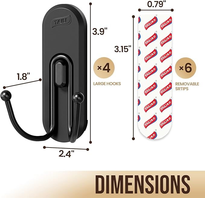 TAILI Adhesive Double Hooks for Hanging, 4 Coat Hooks & 6 Strips, Heavy Duty No-Drill Removable Large Wall Hanger for Towel, Backpack, Hat, Door,Kitchen Home Decor, Decorative Holder - Matte Black