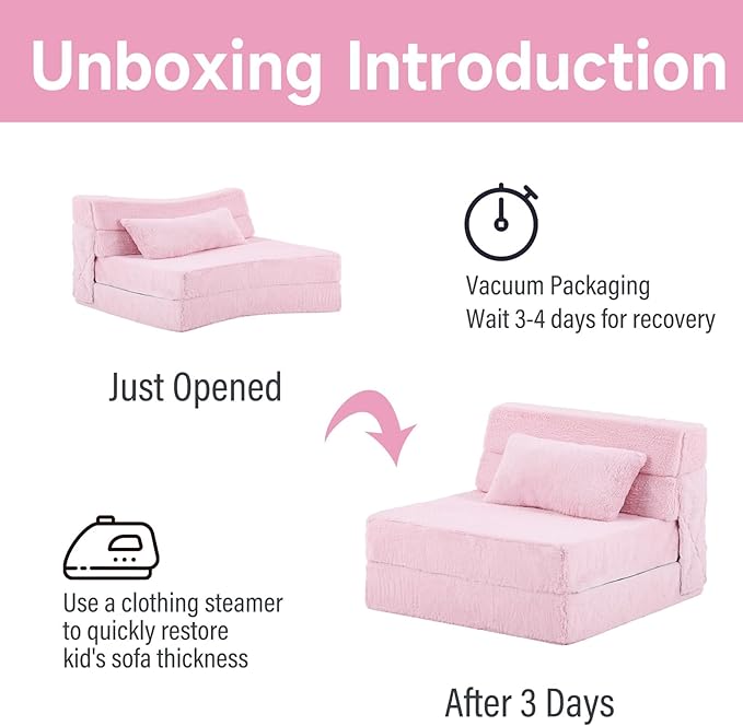 Tiita Convertible Folding Kids Sofa Bed with Pillow & Storage Bag, Plush Fabric Floor Mattress Couch Bed, Washable Cover, Kids Room, Playroom, Dorm, Apartment, Pink