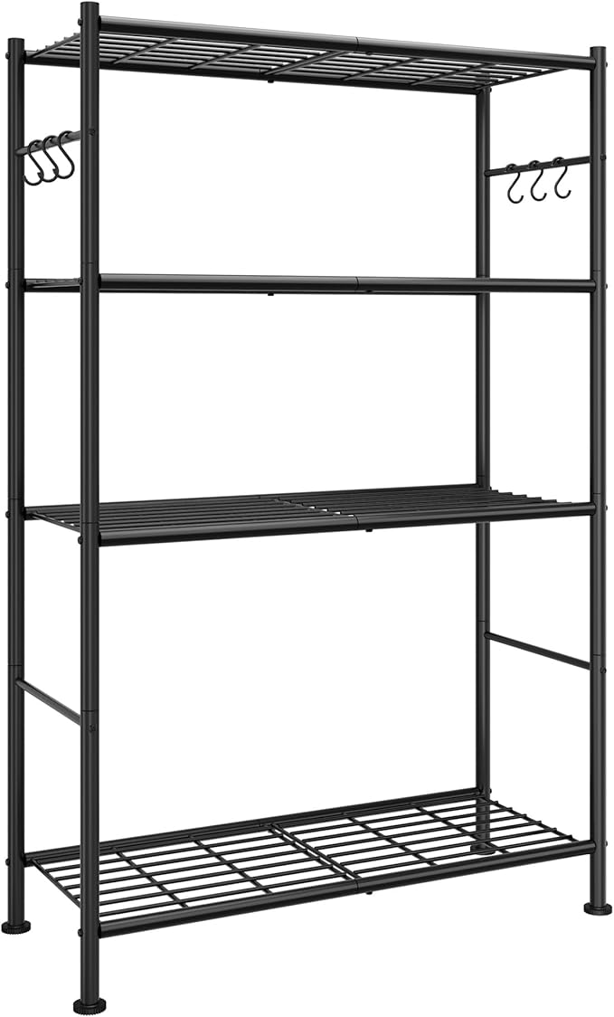 Storage Shelves - 4-Tier Spacious Shelf Organizer with Hooks & Leveling Feet, Easy to Assemble, Rust-Resistant Garage Shelving for Kitchen, Pantry, Bedroom, 33.2" x 12.7" x 57.3", Black