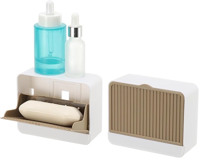 uxcell 2 Pack Dust-Proof Soap Holder, Wall Mounted Soap Dish for Shower Wall No-Drill Adhesive Shower Bar Soap Holder for Bathroom(Khaki, 4.72 x 3.94 Inches)