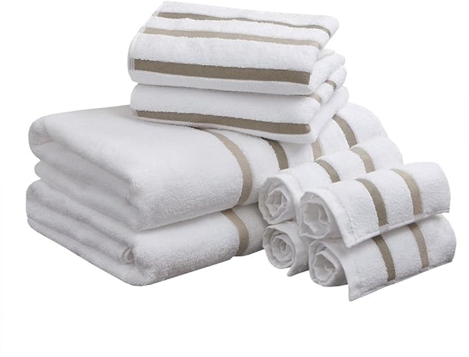 Comfort Spaces Cotton 8 Piece Bath Towel Set Striped Ultra Soft Hotel Quality Quick Dry Absorbent Bathroom Shower Hand Face Washcloths, Multi-Sizes, Zero Twist Taupe 8 Piece