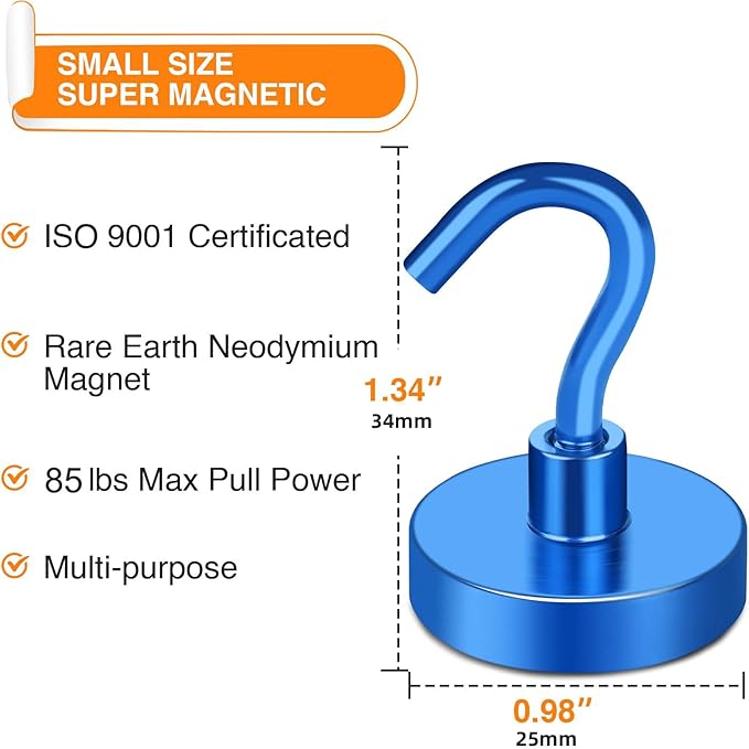 MIKEDE Magnetic Hooks, 85Lbs Strong Neodymium Magnets with Hooks for Cruise, Heavy Duty Earth Magnets Hooks for Refrigerator Hanging, Magnetic Hanger for Cabins, Grill (Blue, 10 Pack)