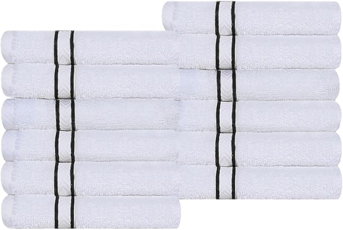 Superior Hotel Turkish Cotton 12 Piece Face Towel Set, Ultra Plush Spa Quality Heavyweight Essentials for Skincare, Thick Absorbent and Soft, Dobby Border, Includes 12 Washcloths, Black