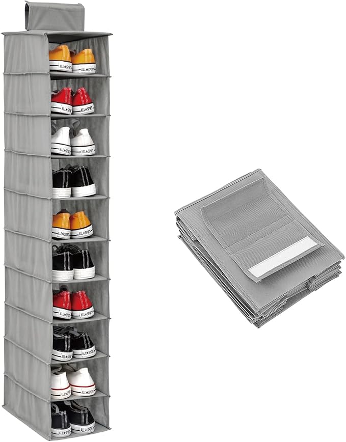 HomeBeyond 10-Shelf Hanging Closet Organizer, Grey Storage Shelves for Clothes, Shoes, and Accessories, Space-Saving Closet Storage Solution