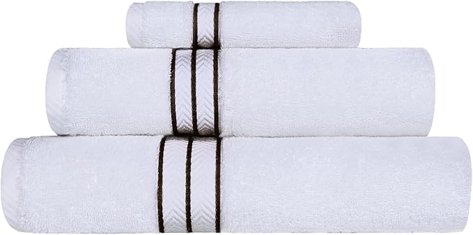 Superior Hotel Turkish Cotton 3 Piece Towel Set, Ultra Plush Spa Quality Heavyweight Essentials for Bathroom, Thick Absorbent and Soft, Dobby Border, Includes 1 Bath 1 Hand 1 Washcloth, Chocolate