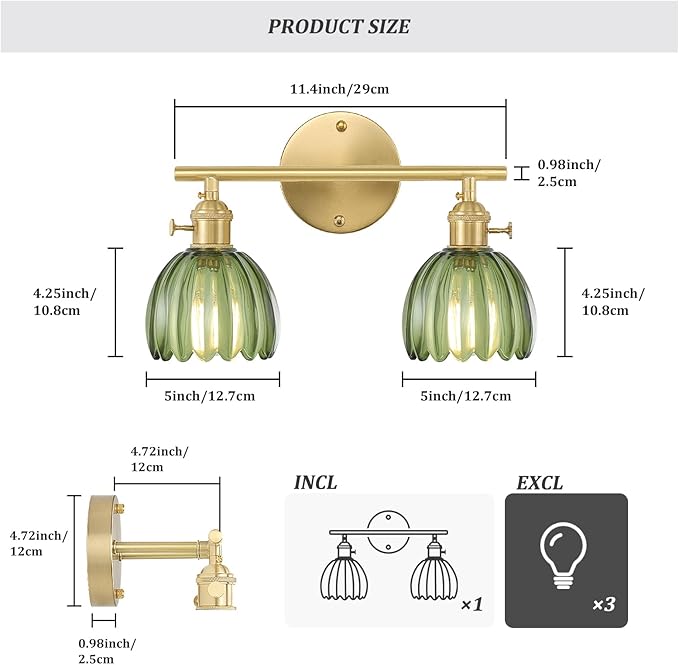 Bathroom Light Fixtures, 2-Light Brass Vanity Wall Light Over Mirror with Green Tulip Glass Shade for Bedroom Living Room (Bulb Not Included)