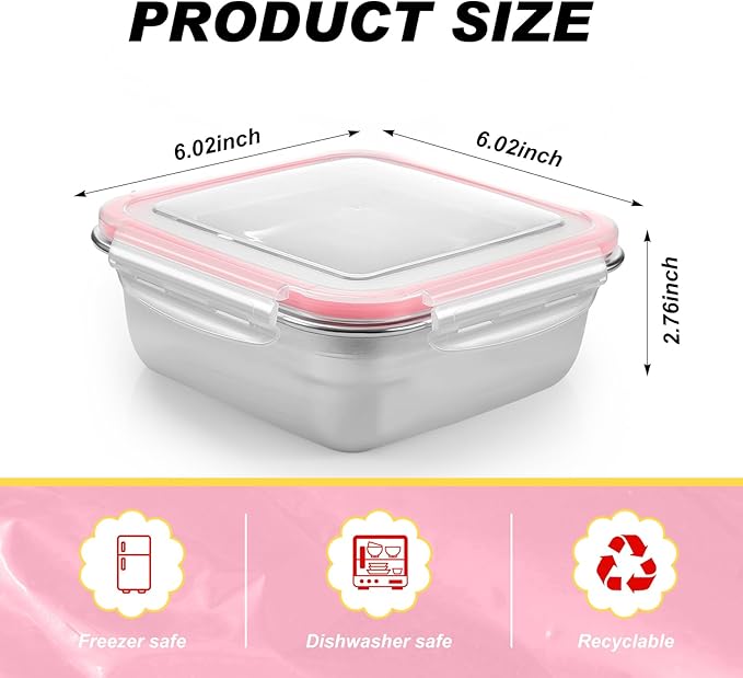 4 Pack Stainless Steel Sandwich Containers with Lids 25.4 oz Metal Food Container for Lunch Boxes with Airtight Silicone Seal for Sandwiches and Snacks(Pink)