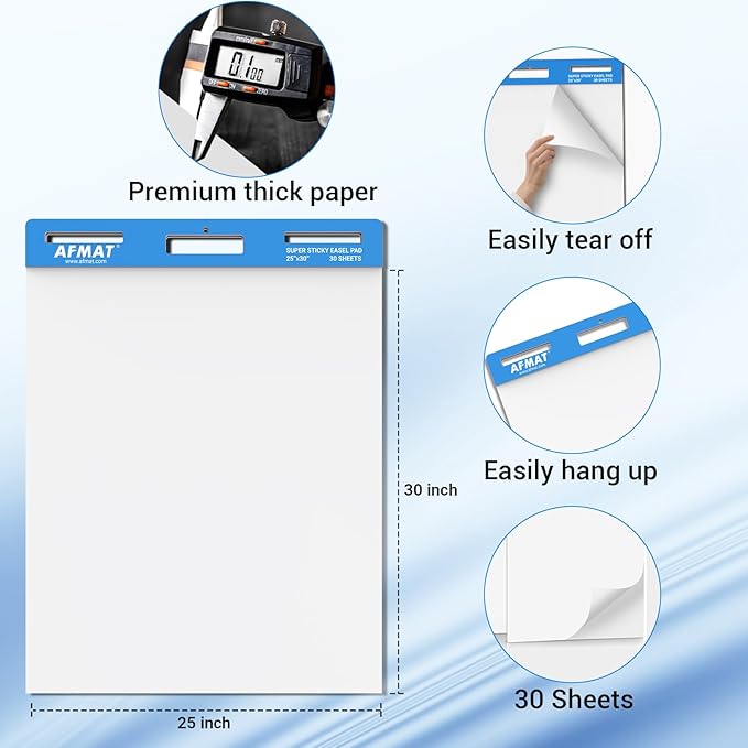 AFMAT Sticky Easel Pads, 25 in x 30 in Flip Chart Paper for Teachers, Super Sticky & Bleed-Resistant, Self-Stick Anchor Chart Paper for Office/Classroom/Whiteboard/Wall/Windows, 30 Sheets/Pad, 5 Pads