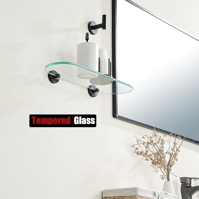JQK Bathroom Glass Shelf Black, Tempered Glass Shower Storage 16 by 5 inches, 304 Stainless Steel Matte Black Wall Mount, TGS121L16-PB