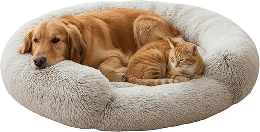 Fluffy Dog Bed Calming Donut Beds for Large Dogs Warming Round Small Medium Pet Nest Cozy Cat Mattress Indoor Washable Puppy Kennel Kittens Sleep Mat (XL, 43.3×43.3 inch, Light Gray)