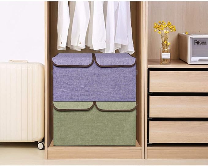 UUJOLY Large Storage Bins Linen Fabric Foldable Basket Cubes Organizer Storage Boxes Drawer with Lid and Handles for Home, Office, Closet, Bedroom, Nursery (Purple-2pcs)