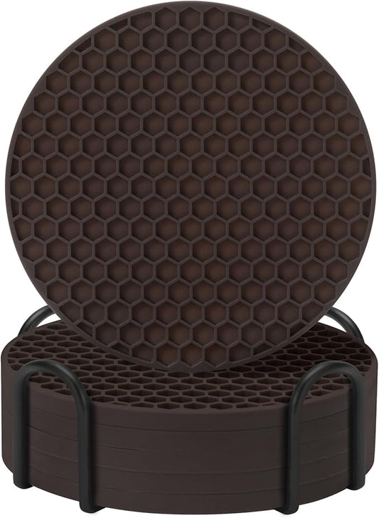 Coasters Set of 6 with Holder,Coasters for Drinks,Coffee Table Decor Coaster,Suitable for Kinds Cups,Anti-Slip,Non-Stick,Silicone Cup Coaster and Living Room Decor (6 Pcs, Coffee)