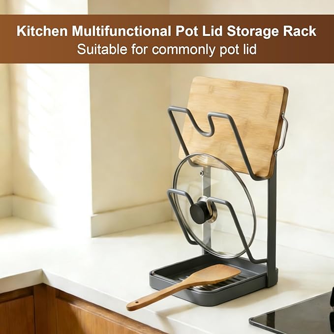 Pot Lid Holder,304 Stainless Steel Pot Lid Holder While Cooking,Kitchen Pot Lid Storage Rack, Removable Drip Tray, Multifunctional Kitchen Organizer Stand for Countertop (Gray, Double-layer)