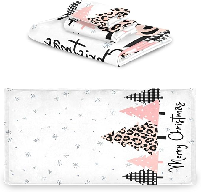 Plaid Pink Christmas Tree Towels Set of 3 Winter Forest Leopard Tree Grey Snowflakes Bathroom Towel Soft Absorbent Bath Hand Towels Washcloth Guest Towel Sets Xmas Holiday Decor