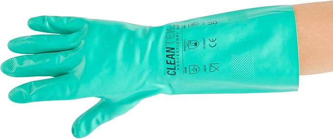 Green Cleaning Gloves 10 Pairs 15 Mil Thick Medium Heavy-Duty Nitrile Gloves With Long Cuff No-Latex Flock Lining For Use In Hospitals, Laboratories, Kitchens and Households