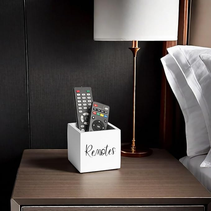 Wood Remote Control Holder, TV Remote Control Organizer for Home Bedroom Table, Multi-Purpose Desktop Storage (White, S,for 2 or 3 Remote Controls)