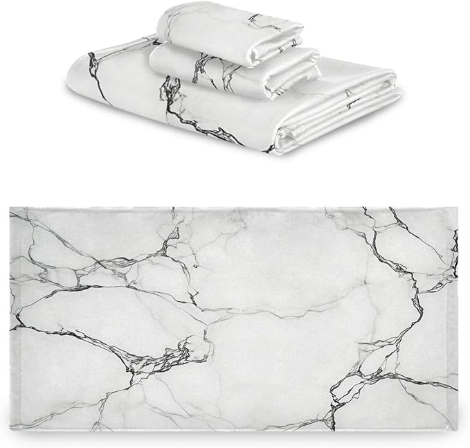 Marble White Towels Set of 3 Marbling Texture Art Bathroom Towel Soft Absorbent Bath Hand Towels Washcloth Guest Towel Sets Bathroom Decorations