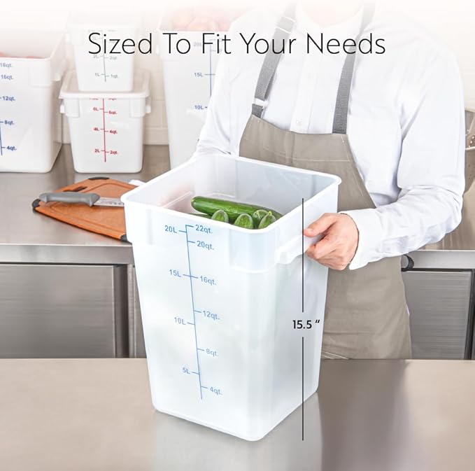 Restaurantware Food Storage Container 10 Pack of 22 qt Plastic Kitchen Storage Bin with Volume Markers Space-Efficient Design Dishwasher-Safe Polypropylene Translucent