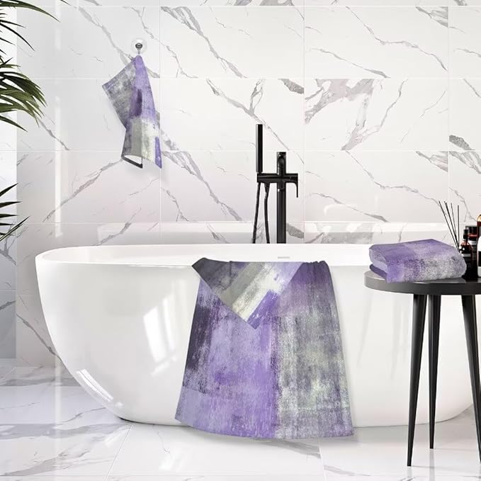 Purple Grey Art Bath Towel Set, 3 Piece Modern Decorative Absorbent Microfiber Set (1 Bath, 1 Hand, 1 Washcloth) for Fingertip, Hair, Face