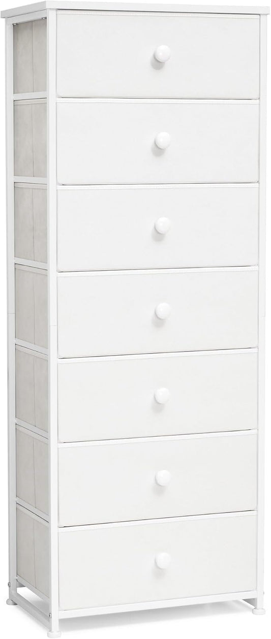 Crestlive Products Tall Dresser, 7-Drawer Fabric Storage Tower, Chests of Drawers - Vertical Organizer Unit for Bedroom, Hallway, Entryway, Nursery, Closets - Steel Frame, Wood Top & Handles (White)