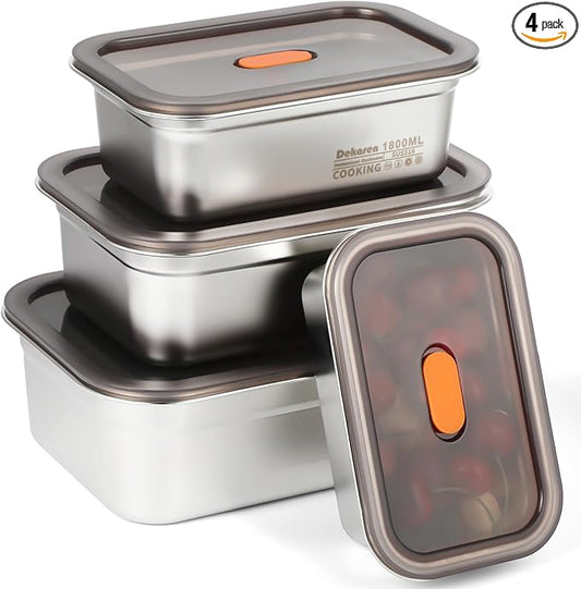 4 Pack Large Stainless Steel Food Storage Containers with Leak-proof Lids 316 Metal Meal Prep Container Lunch Box Freezer Safe Microwave Safe for Meal Prep Bento (41oz, 61oz, 95oz, 128oz)